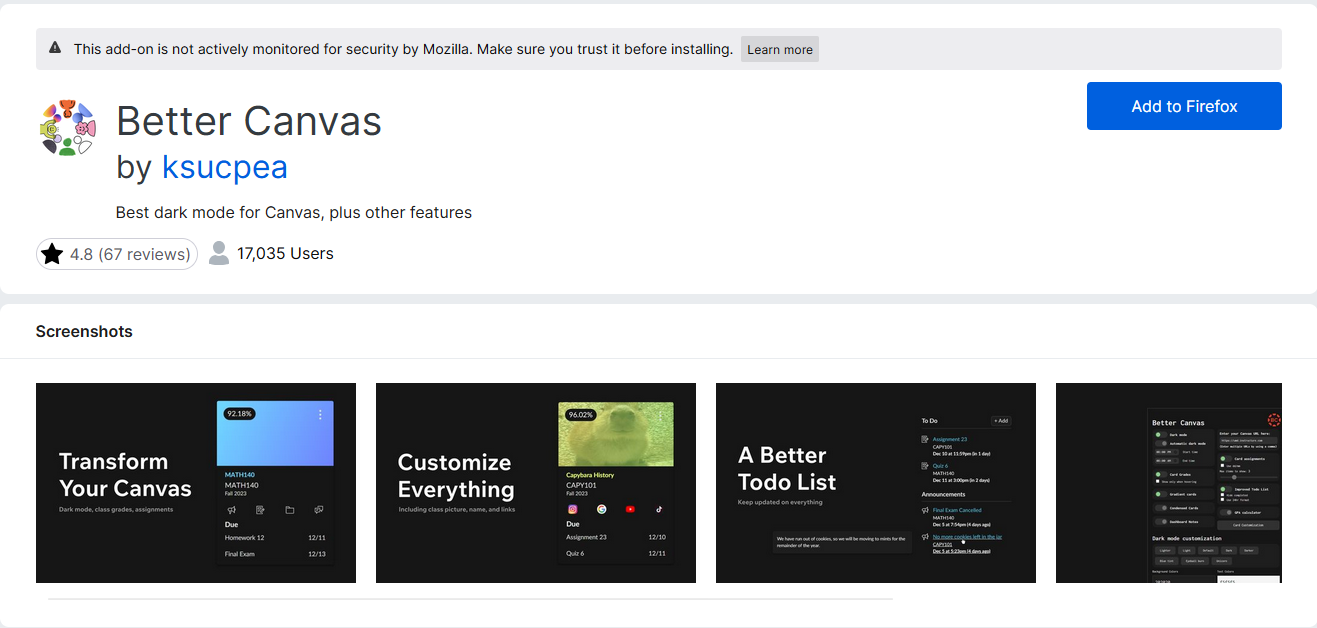 Firefox Add-ons Better Canvas Extension Page