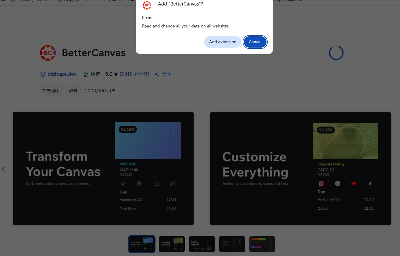 Chrome Web Store - Better Canvas Extension Installation Page